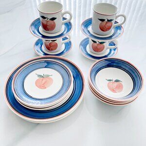 Vintage Gibson Housewares Blue and Peach Dinnerware Set of 20